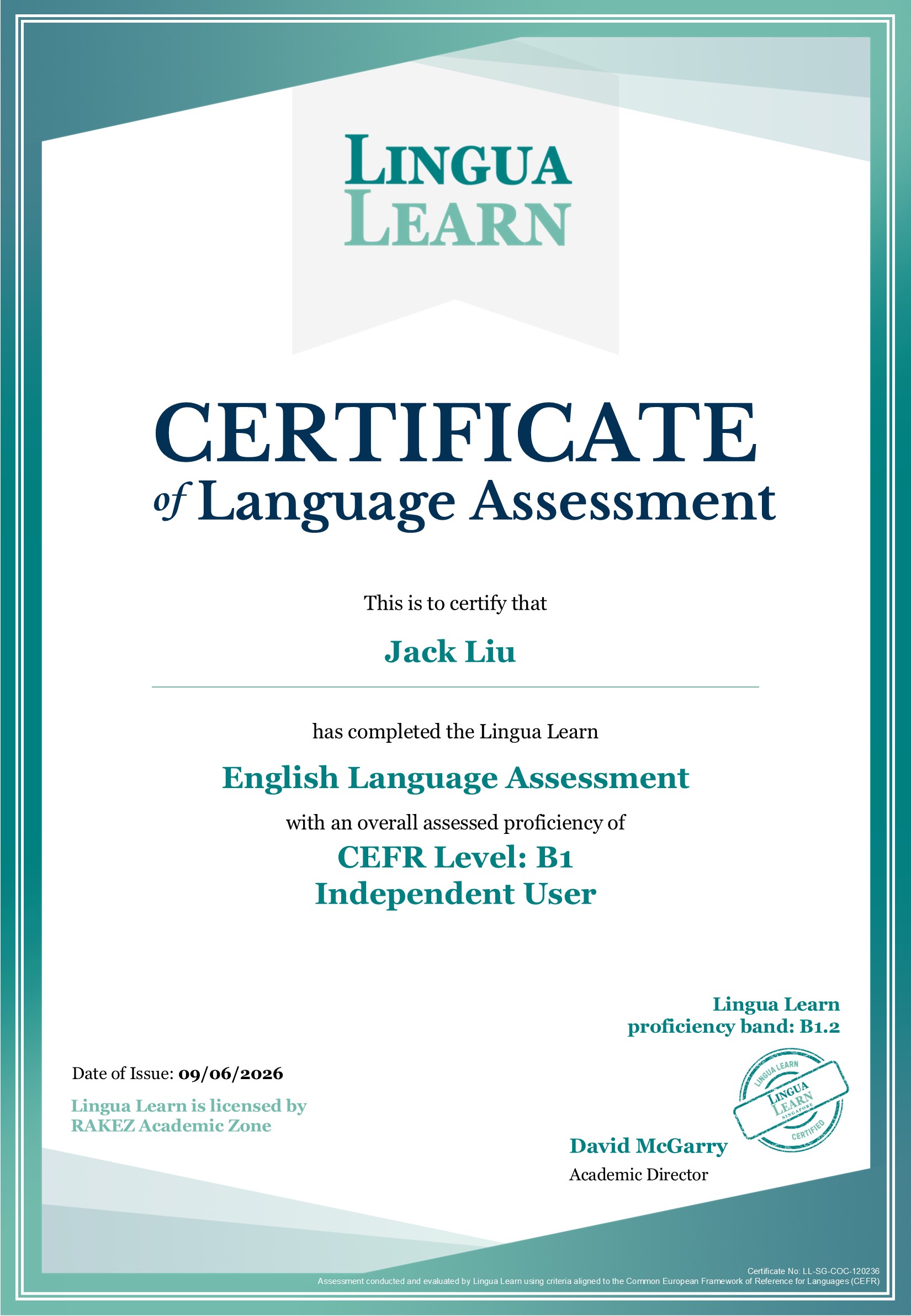 Sample Certificate of Language Assessment