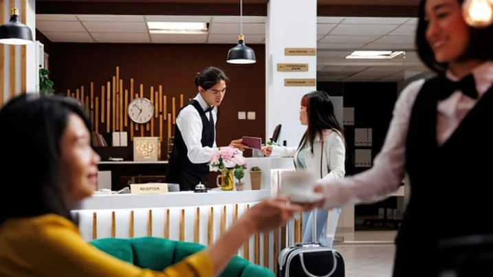 English language use in a hotel lobby