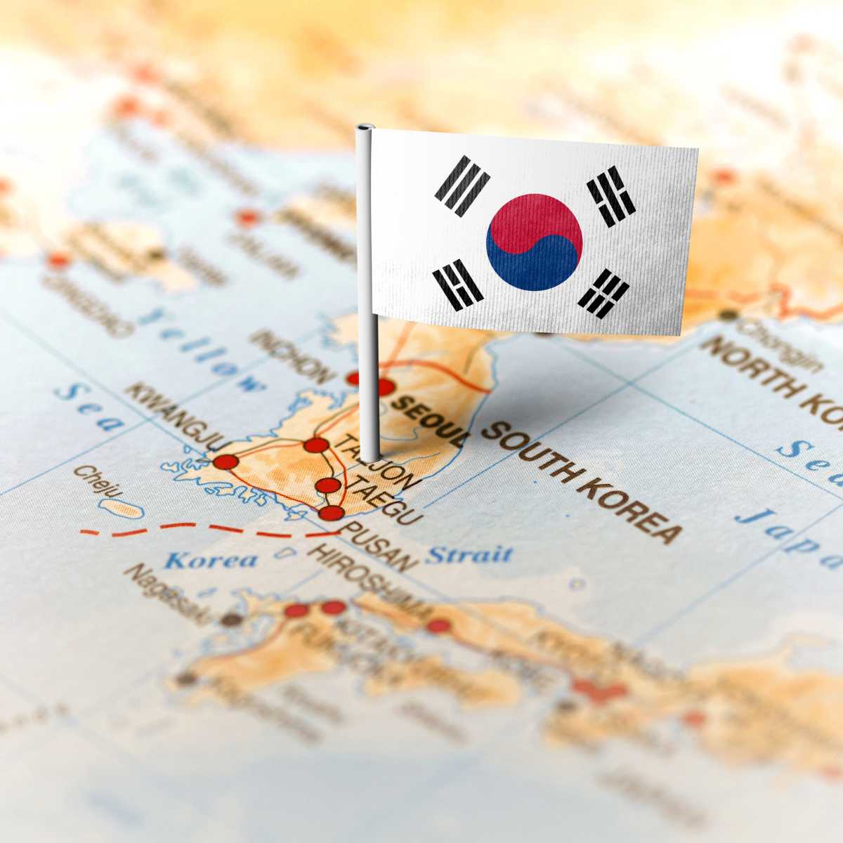 South Korea on map with flag